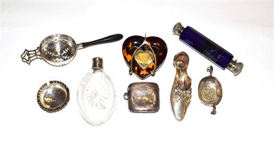 Lot 230 - A collection of assorted silver and objects, including: a blue glass double-ended scent-bottle;...