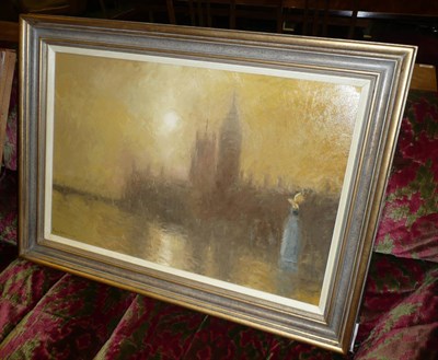 Lot 1611 - Paul Brown (b.1967) "Dusk Parliament" Signed, oil on canvas, 50cm by 73cm, within a modern gilt...