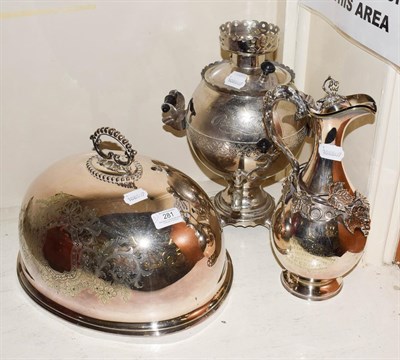 Lot 281 - A Mappin & Webb prince's plate meat dome, a plated tea urn and a silver plated claret jug with...