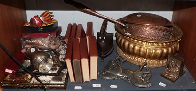 Lot 305 - Various low denomination GB coins, brass jardiniere, Victorian flat iron, tiled tray, enamel...