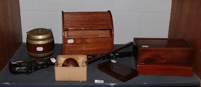 Lot 306 - An early 20th century oak stationery cabinet with tambour top; an oak biscuit barrel with...