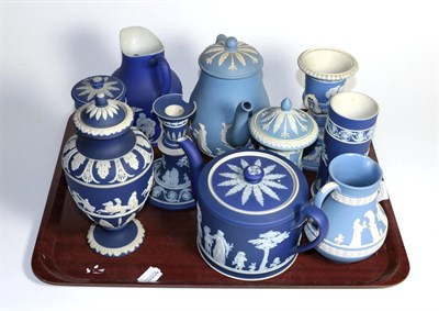 Lot 314 - A group of Wedgwood, Adams and other blue Jasper ware including teapots, jugs, urns etc