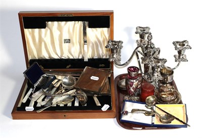 Lot 370 - Silver and plate including a heavily chased silver spoon, a small toddy ladle, a pair of salts,...