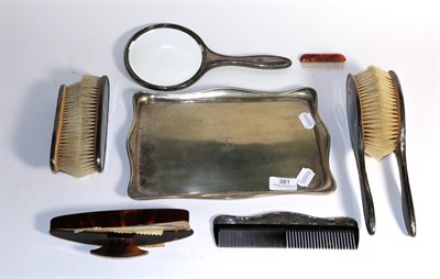 Lot 381 - Tortoiseshell and silver back dressing table items; and a silver plated dressing table tray