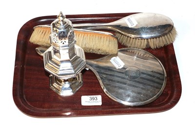 Lot 393 - A silver baluster form caster together with three silver backed dressing table items