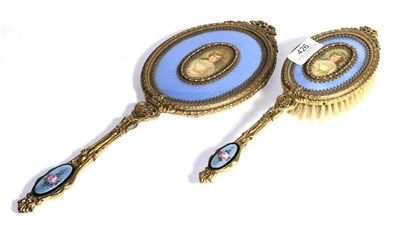 Lot 426 - A brass-mounted and enamel hand-mirror and hair-brush, each with light purple enamel and an...