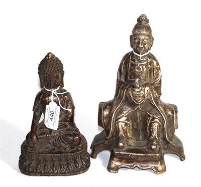 Lot 440 - A bronze seated Buddah, 18cm high, unsigned, together with a metal seated Holy man, 24cm high,...