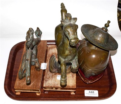 Lot 448 - A Chinese bronze figure, and stand 19cm high, unsigned; and two others, tallest 24cm high, both...