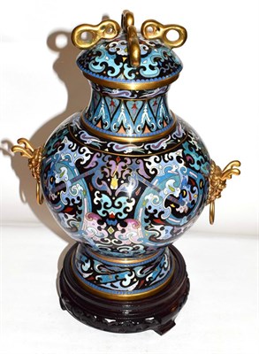 Lot 449 - A Chinese cloisonne twin-handled vase, with cover and stand, 35cm high including stand