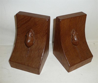 Lot 1630 - A Pair of Robert "Mouseman" Thompson Oak Bookends, each with single carved mouse, 15cm