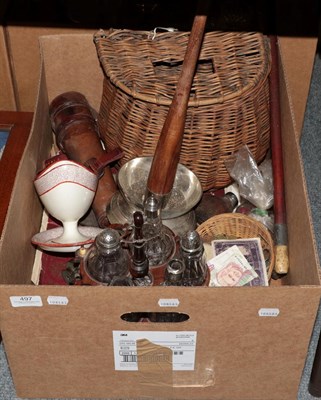 Lot 497 - A group of miscellaneous items - including cruet stand and bottles, whicker fishing creel, a...