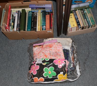 Lot 501 - Two boxes of various books including sport, together with a group of mid 20th century fabrics