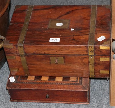 Lot 505 - A 19th century brass bound rosewood writing slope and an inlaid games board fitted with a...