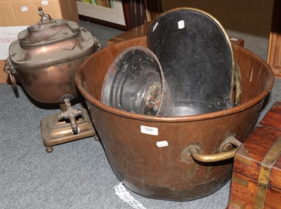 Lot 506 - A 19th century copper twin handled pail, a brass coal bucket and a copper tea urn (3)