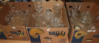 Lot 514 - Three boxes of glass - including decanters, cake stand, rinsers, vases, drinking glasses etc, (qty)