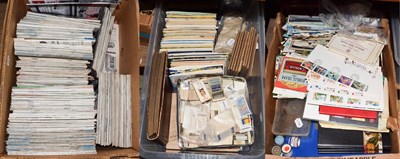 Lot 524 - Three boxes of cigarette cards, empty albums, tea cards, postcards, coins and Model Engineer...