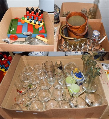 Lot 534 - Quantity of items including leather bucket, soldier form skittles, drinking glasses, table...