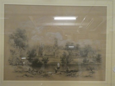 Lot 1091 - British School (19th century), Figures fishing before an abbey, pencil, heightened with white,...