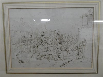 Lot 1096 - French/English School (19th century), An encounter between cavalry and infantry, brown ink,...