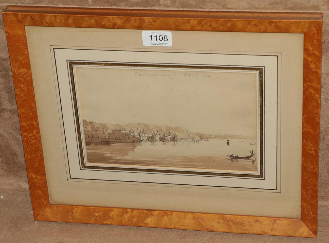 Lot 1108 - William Clerihew (c1814-1880) ''Ghat near Farrukhabad'', inscribed and dated Dec (18)43, mixed...