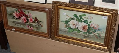 Lot 1118 - E.W Kidd (20th century), still life of flowers on a stone ledge with robin and bumlebee, signed oil