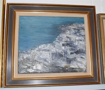 Lot 1120 - Mervyn Griffith Jones (1909-1979), Abstract coastal town, signed and dated (19)71, oil on...