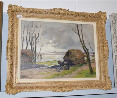 Lot 1122 - Paul Roblin (20th century) French, Seaweed gatherers before a distant church, signed, oil on...