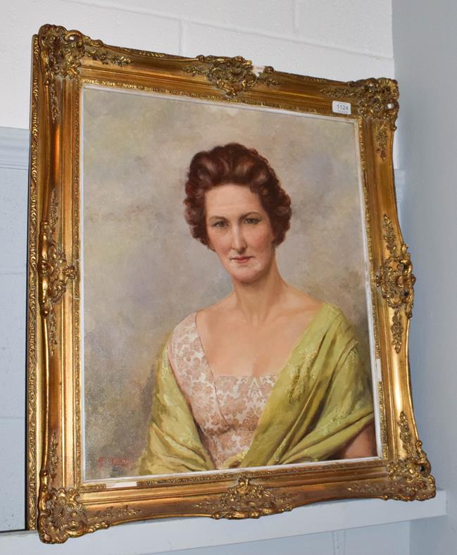 Lot 1124 - Fortunino Matania RI (1881-1963) Italian, Portrait of a lady, wearing a cream brocade dress and...