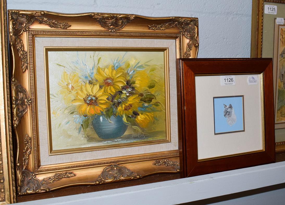 Lot 1126 - A Siamese cat portrait watercolour, monogrammed WEP and a 20th century oil on board, still life...