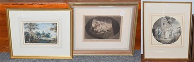 Lot 1134 - A late 18th century tinted grisaille watercolour of figures by a cottage, indistinctly signed,...