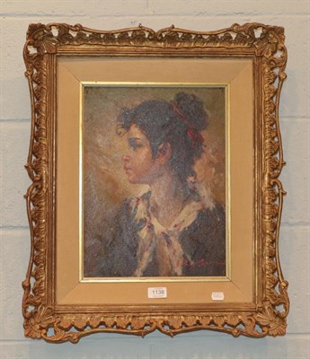 Lot 1138 - Continental School (20th century), Portrait of a young lady, head and shoulders, in profile,...