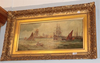 Lot 1140 - Circle of TB Hardy (1842-1897), Busy shipping scene, bears signature, oil on canvas, 27.5cm by 63cm