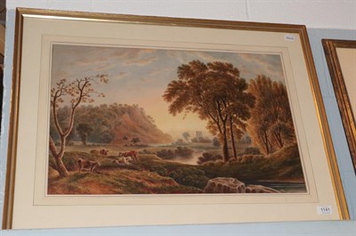 Lot 1141 - Attributed to George Barrett Junior (1767-1842) Cattle grazing in a sunset landscape, a distant...