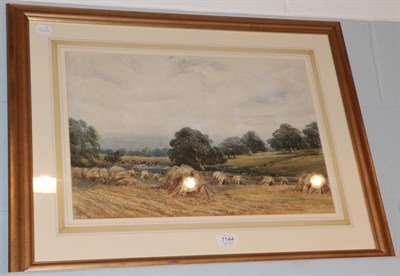Lot 1144 - Emily Nicholson (19th century), hay stacks with distant watering cattle, signed and dated 1854,...