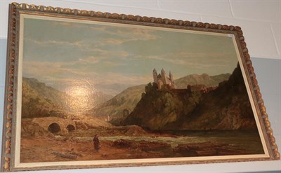 Lot 1145 - Continental School (19th/20th century), Extensive landscape with hilltop monastery, oil on...