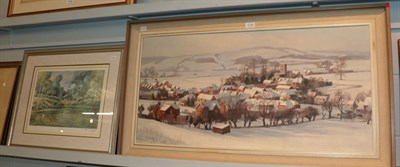 Lot 1147 - J * Folkard (20th century), Snowbound village scene, signed oil on canvas, 45cm by 91cm;...