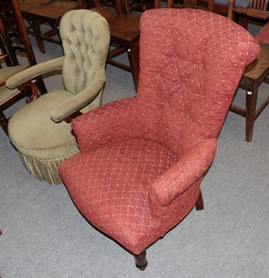 Lot 1230 - A Victorian mahogany framed button-back open armchair, together with a reproduction mahogany framed