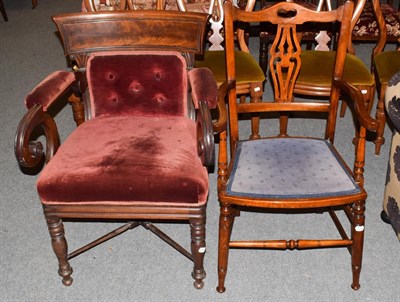 Lot 1236 - William IV mahogany open armchair with down scrolled arms and part buttoned upholstery, and a...