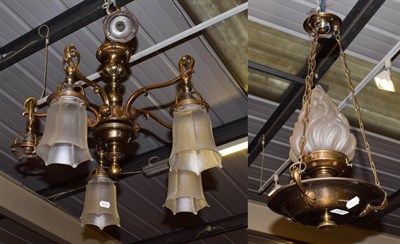 Lot 1261 - A patinated metal five-light ceiling light, together with an Art Nouveau hanging oil lantern...