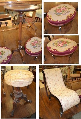 Lot 1326 - A Victorian carved rosewood revolving piano stool, a pair of Edwardian oval foot stools, a mahogany