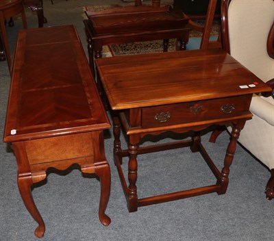 Lot 1378 - A reproduction hardwood hall table, a reproduction two drawer hall table on cabriole legs, and...