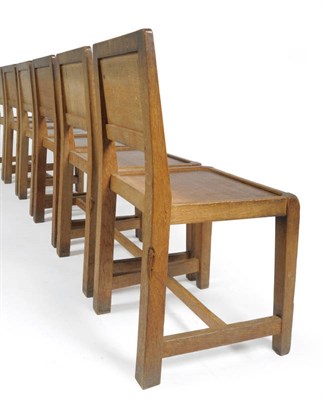 Lot 1678 - A Set of Six Martin "Lizardman" Dutton Oak Panel Back Chairs, with solid seats, square section...