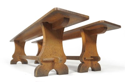 Lot 1681 - A Pair of Martin "Lizardman" Dutton Oak 6' Benches, each with shaped supports joined by a...