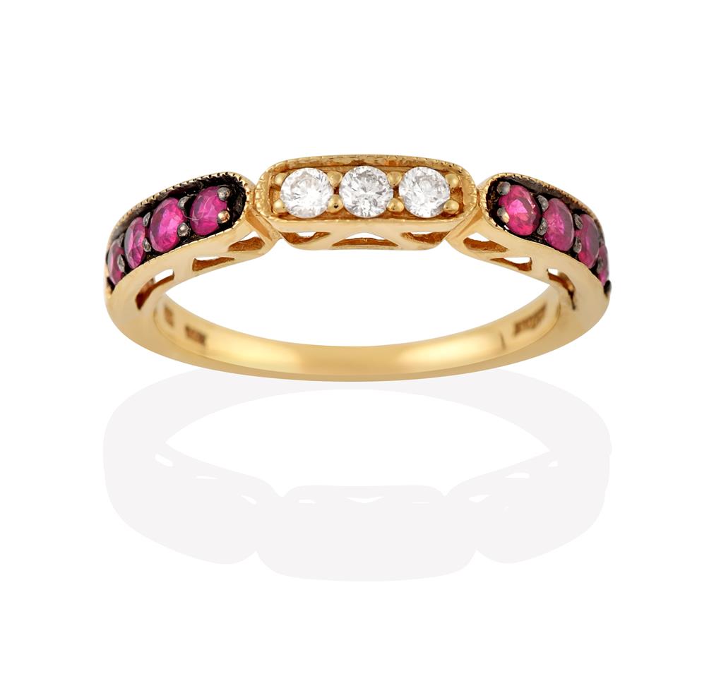 Lot 2010 - A Ruby and Diamond Half Hoop Ring, by LeVian, three round brilliant cut diamonds flanked by...