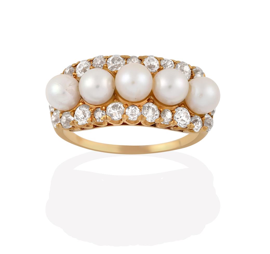 Lot 2013 - A Cultured Pearl and Diamond Cluster Ring, the five cultured pearls within a border of old cut...