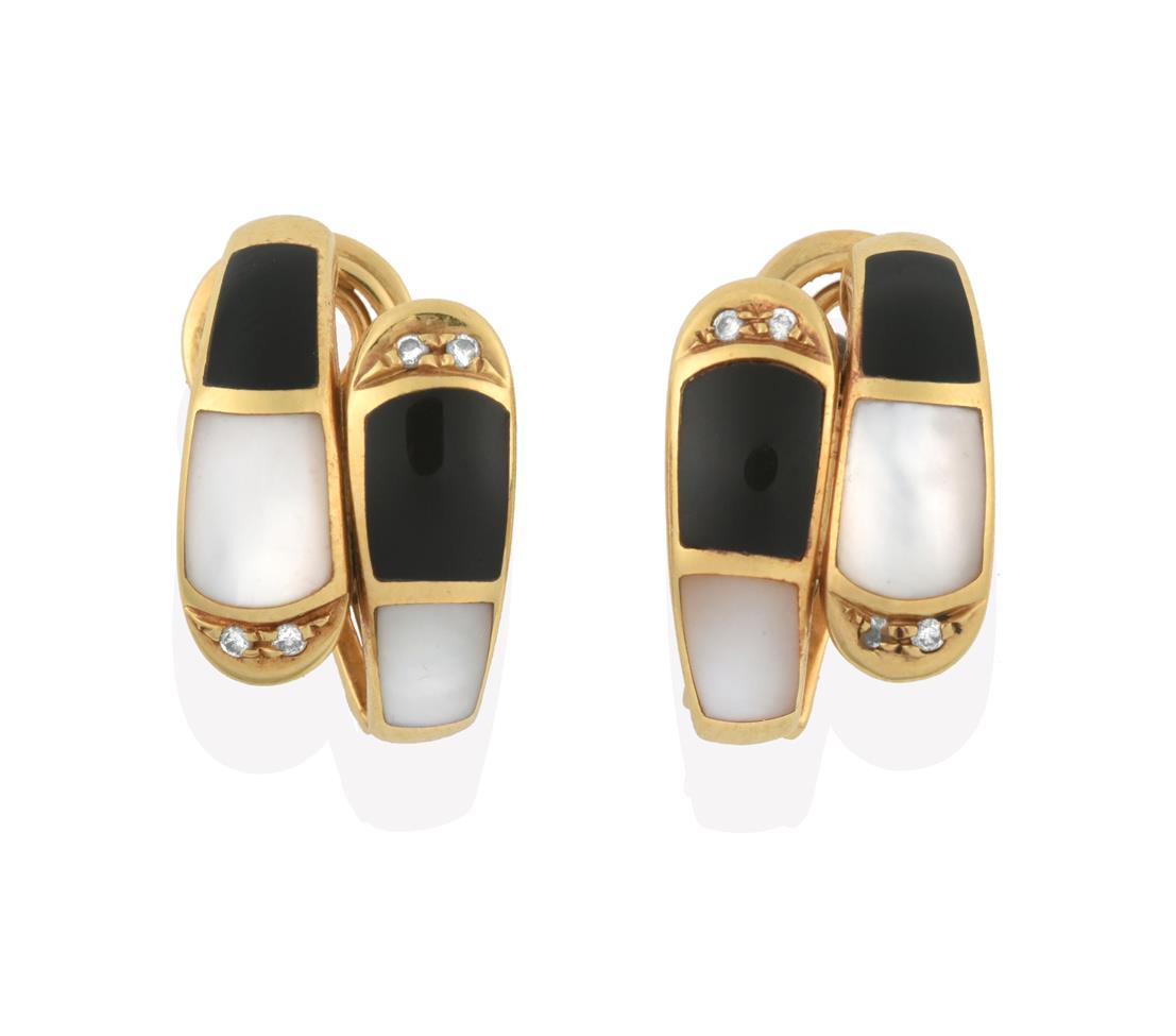 Lot 2016 - A Pair of Enamel, Mother-of-Pearl and Diamond Earrings, formed of two graduated bands composed...