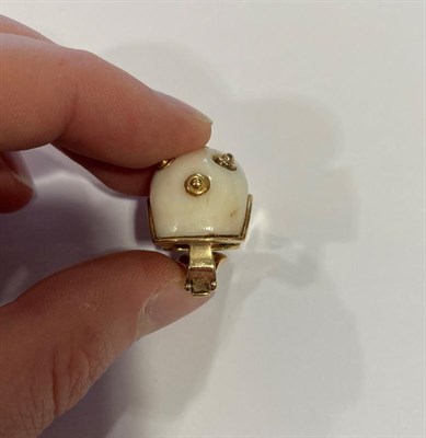 Lot 2018 - A Pair of Shell Designed Earrings, each white stone decorated with yellow bead motifs, length...