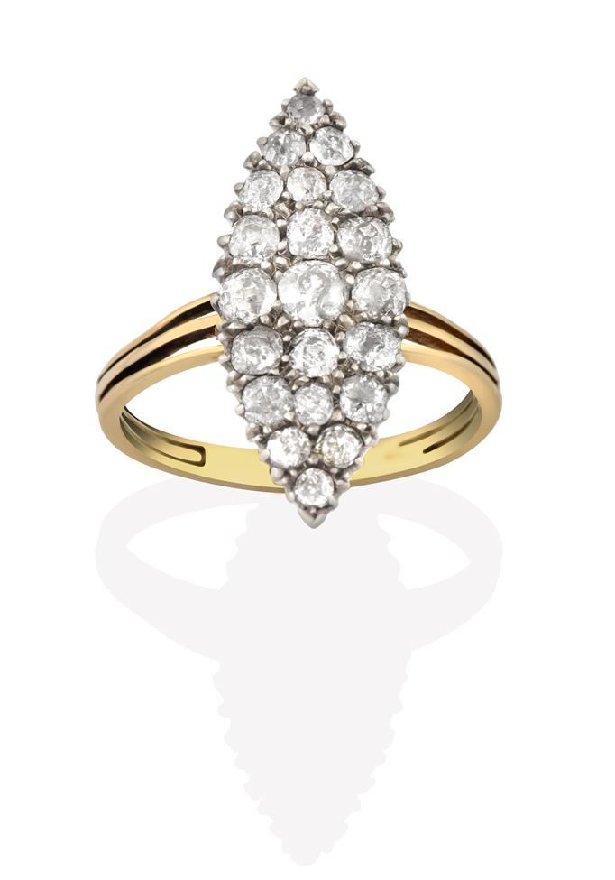 Lot 2021 - A Diamond Ring, the navette form set throughout with old cut diamonds in white claw settings,...
