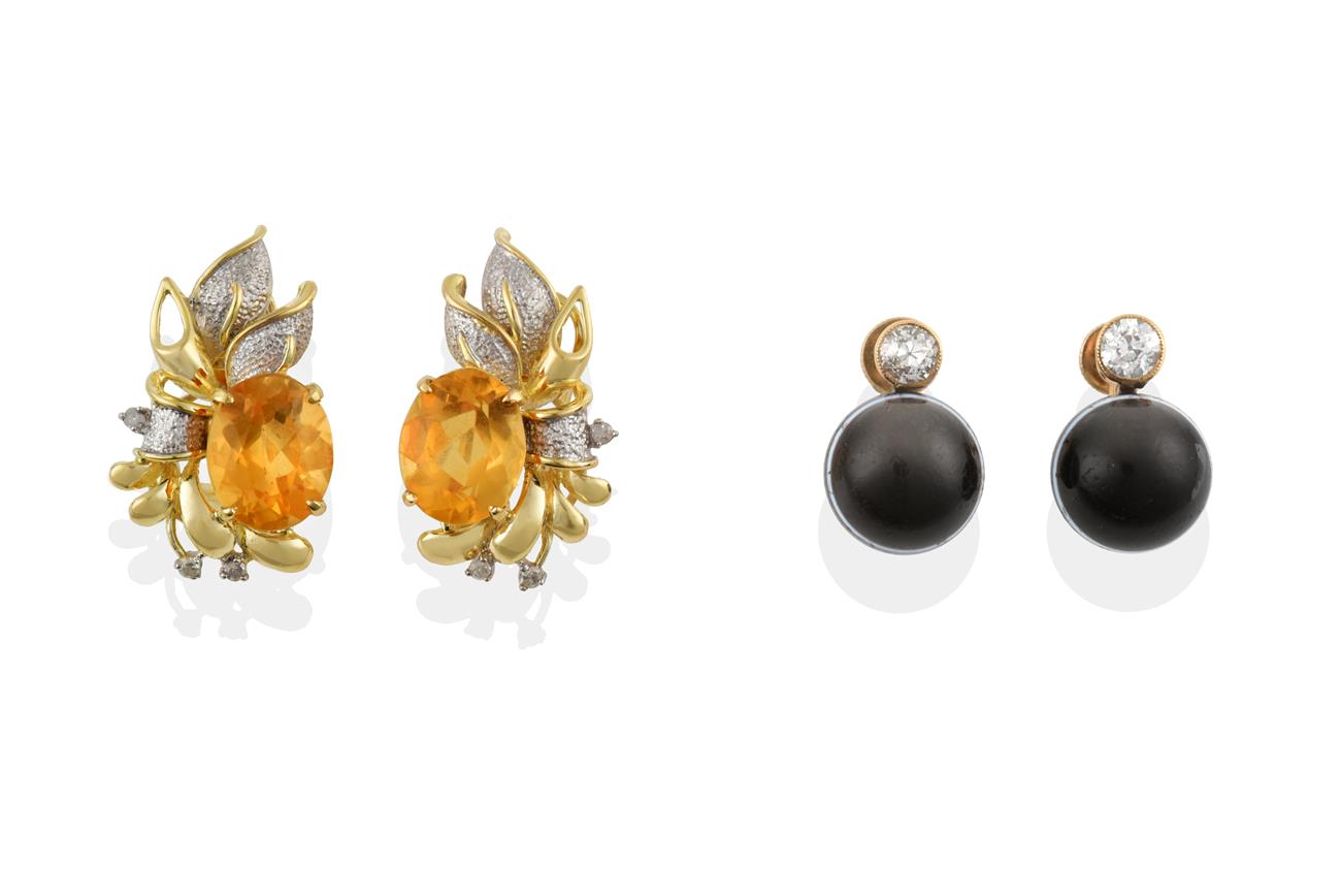 Lot 2036 - A Pair of Diamond and Banded Agate Drop Earrings, an old cut diamond in a yellow millegrain setting