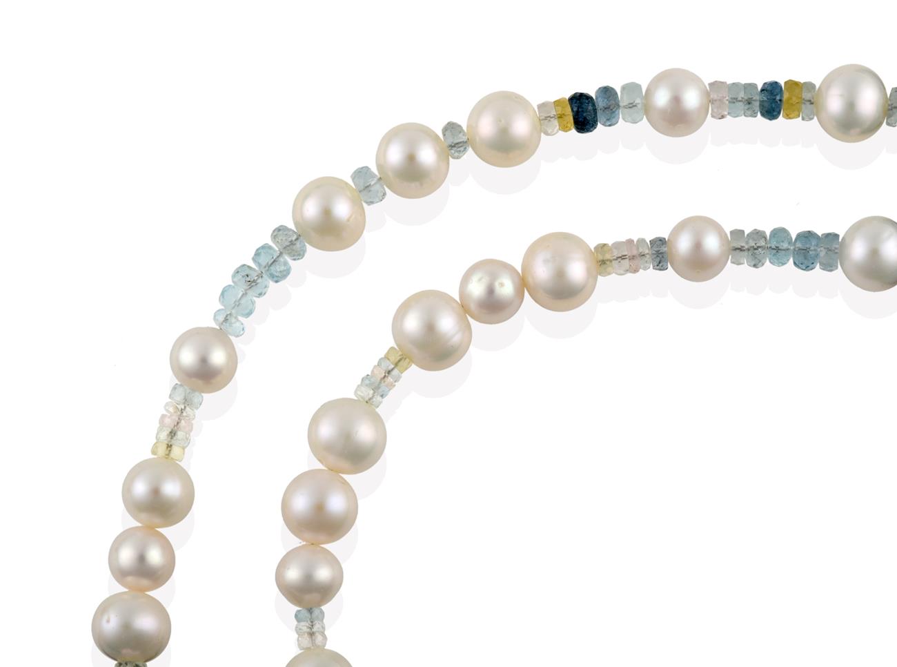 Lot 2055 - A Beryl and Cultured Pearl Necklace, faceted multi-coloured beryl roundel beads spaced by...